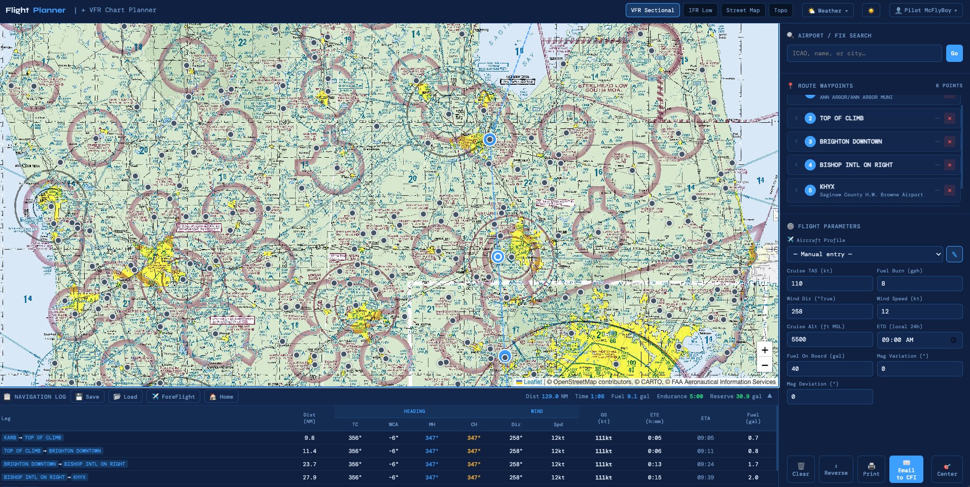 FlightPlanner app showing VFR sectional chart with route and navigation log